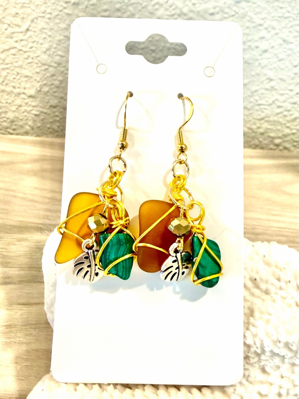 114. Fall Vibes!🍃🍁🍂 Gold Wire Wrapped cola sea glass and malachite Earrings